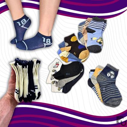 Imagem de Kit 12 Pares Meias Premium Soquete Cano Curto Poliéster Algodão Infantil 20-31 Masculino Union Socks