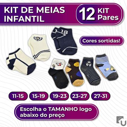 Imagem de Kit 12 Pares Meias Premium Soquete Cano Curto Poliéster Algodão Infantil 20-31 Masculino Union Socks