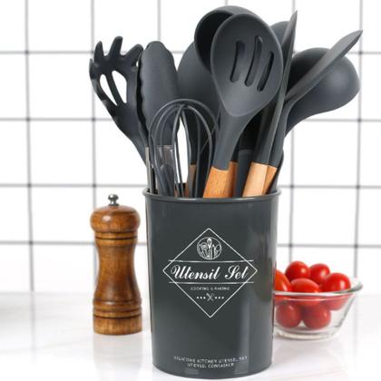Imagem de Kit 12 Pçs Utensílios De Cozinha Em Silicone Cabo Madeira - Preto