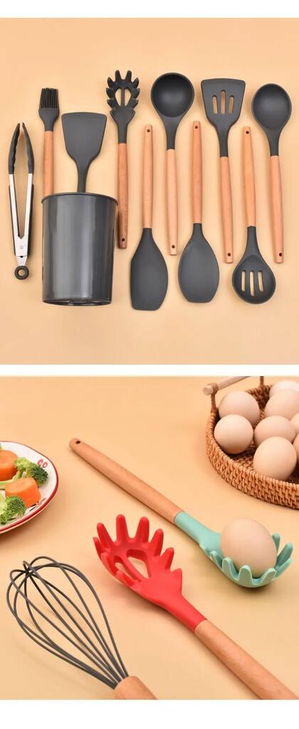 Imagem de Kit 12 Pçs Utensílios de Cozinha em Silicone Cabo Madeira PRETO