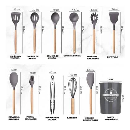 Imagem de Kit 12 Pçs Utensílios de Cozinha Feito com Silicone e Cabo de Madeira Jogo Completo com Porta Talher