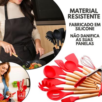 Imagem de Kit 12 Pçs Utensílios de Cozinha Feito com Silicone e Cabo de Madeira Jogo Completo com Porta Talher