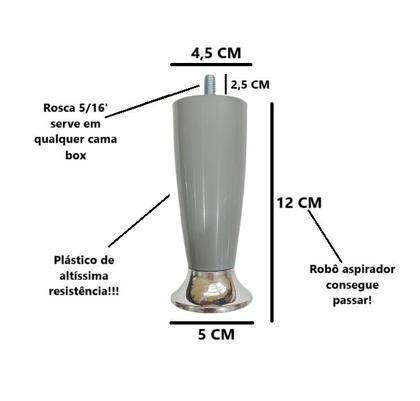 Imagem de Kit 12 Pé Cama Box Queen Bipart Baú Rubi Cinza cromado 12cm