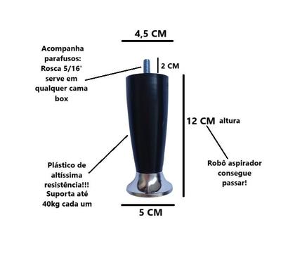 Imagem de Kit 12 Pé Cama Box Queen Bipart Baú Rubi Preto cromado 12cm