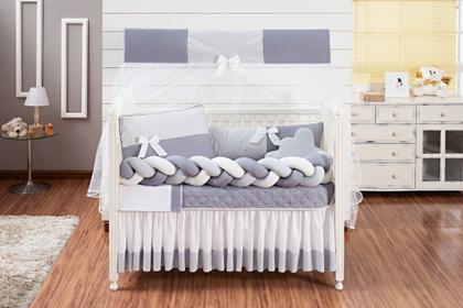 Imagem de Kit 12 peças Berço Protetor Americano Trançado Menino Doce de Bebê Cinza com saia berço