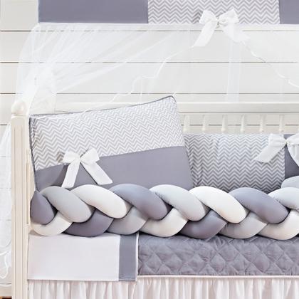 Imagem de Kit 12 peças Berço Protetor Americano Trançado Menino Doce de Bebê Cinza com saia berço