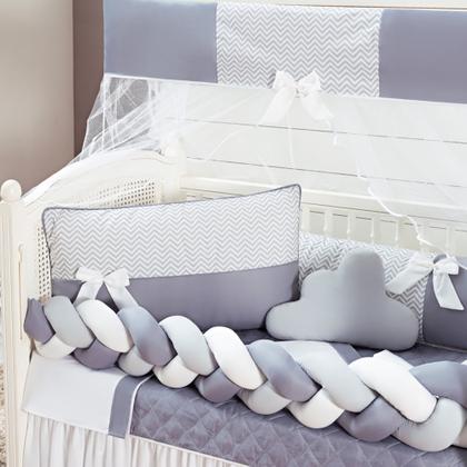 Imagem de Kit 12 peças Berço Protetor Americano Trançado Menino Doce de Bebê Cinza com saia berço
