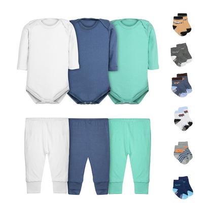 Imagem de Kit 12 Peças Body Bebê Menino Manga Longa Calça Mijão e Meias