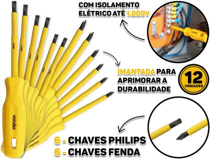 Imagem de Kit 12 Peças Chaves De Fenda E Phillips Haste Isolada Cabo Anatômico Fixar E Soltar Parafusos Vonder