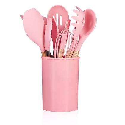 Imagem de Kit 12 Peças Jogo de Cozinha de Silicone Resistente a Altas Temperaturas Utensílios - Rosa