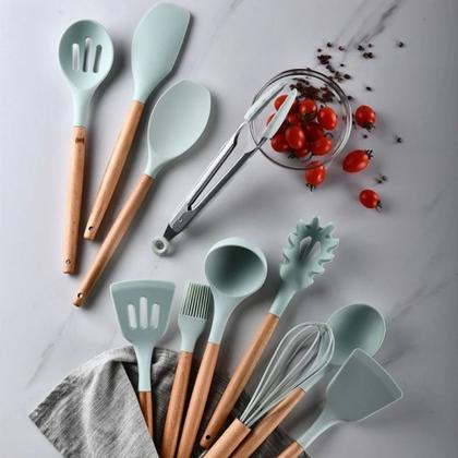 Imagem de Kit 12 Peças Utensílios Silicone Madeira Concha Verde Claro
