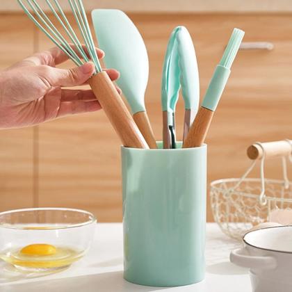 Imagem de Kit 12 Peças Utensílios Silicone Madeira Concha Verde Claro