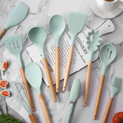 Imagem de Kit 12 Peças Utensílios Silicone Madeira Concha Verde Claro