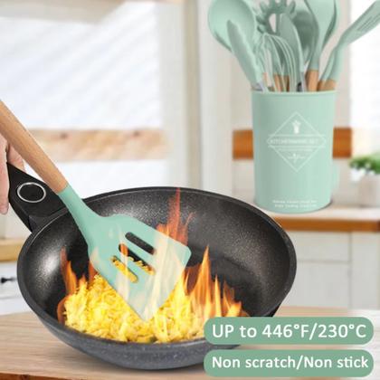 Imagem de Kit 12 Peças Utensílios Silicone Madeira Concha Verde Claro