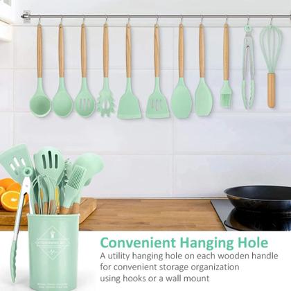 Imagem de Kit 12 Peças Utensílios Silicone Madeira Concha Verde Claro