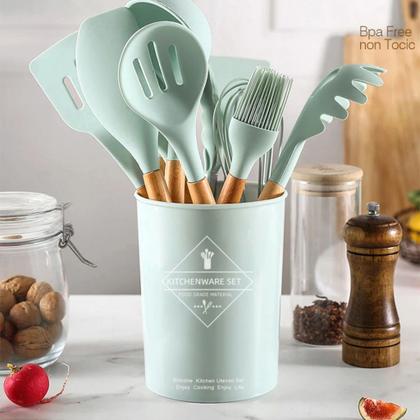 Imagem de Kit 12 Peças Utensílios Silicone Madeira Concha Verde Claro
