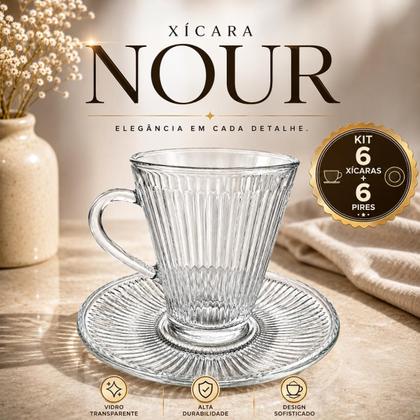 Imagem de Kit 12 Peças Xícaras Com Pires em Vidro Transparente Chá Café