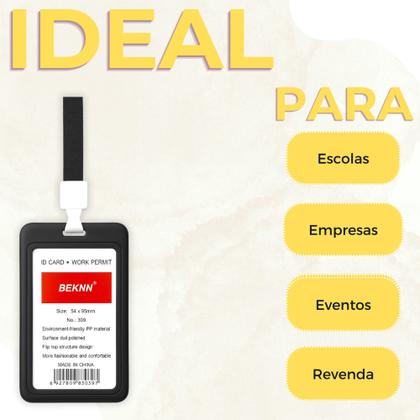 Imagem de Kit 12 porta crachá vertical c/cordão preto estudante empresa eventos identificação padrão
