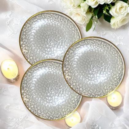 Imagem de Kit 12 Pratos Jantar Redondo Acrílico Borda Dourada 25Cm