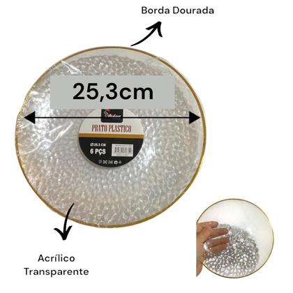 Imagem de Kit 12 Pratos Jantar Redondo Acrílico Borda Dourada 25Cm