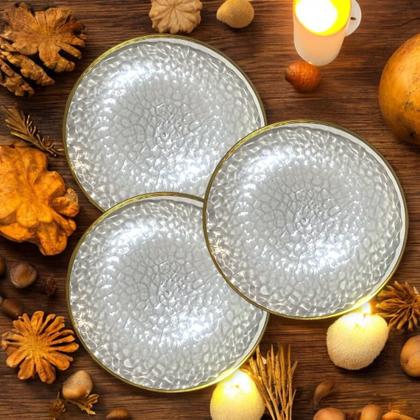 Imagem de Kit 12 Pratos Jantar Redondo Acrílico Borda Dourada 25Cm