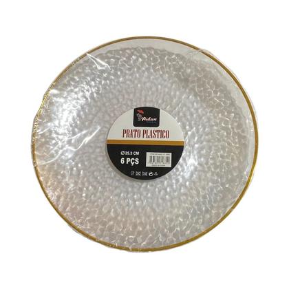 Imagem de Kit 12 Pratos Jantar Redondo Acrílico Borda Dourada 25Cm