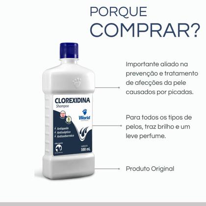 Imagem de Kit 12 Shampoo Clorexidina Dermatite Cães e Gatos World 500ml