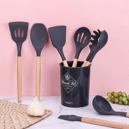 Imagem de Kit 12 Talheres Colheres De Silicone Utensílios de Cozinha Com Porta Talheres Incluso PRETO