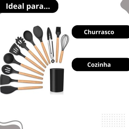 Imagem de Kit 12 Utensílios Cozinha Silicone Cabo Madeira Chegando Já