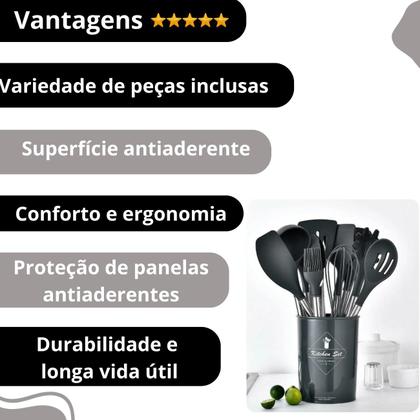 Imagem de Kit 12 Utensílios Cozinha Silicone e Cabo Madeira Original Preto