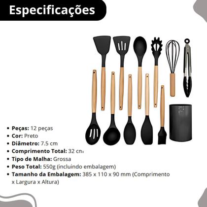 Imagem de Kit 12 Utensílios Cozinha Silicone e Cabo Madeira Original Preto