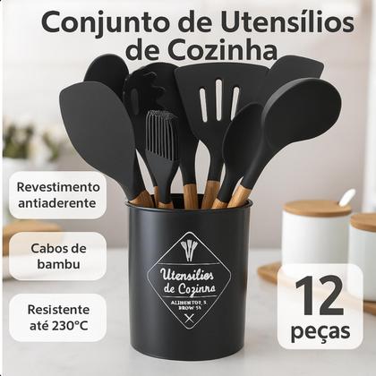 Imagem de Kit 12 Utensílios Cozinha Silicone Profissional Bamboo Preto