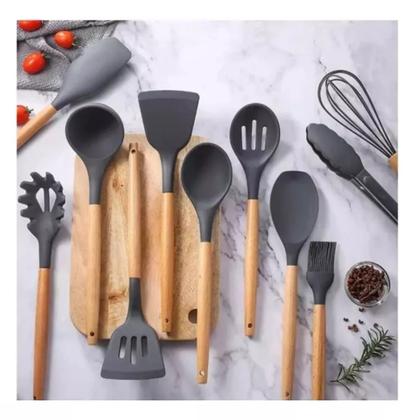 Imagem de Kit 12 Utensílios De Cozinha Em Silicone Com Cabo De Madeira