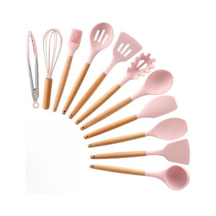 Imagem de Kit 12 Utensílios De Cozinha Em Silicone E Cabo De Madeira Resistente ao Calor