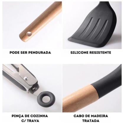 Imagem de Kit 12 Utensílios De Cozinha Em Silicone E Cabo De Madeira Resistente ao Calor