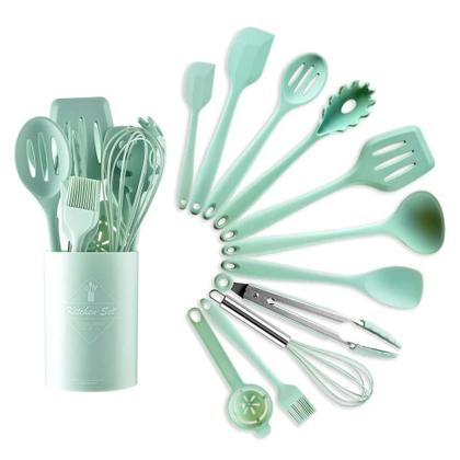 BRIIEC - Conjunto De Utensílios De Cozinha Silicone Abacate - 12 Peças - Cabo De Madeira