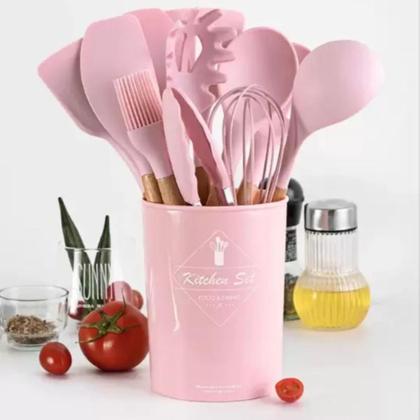Imagem de Kit 12 Utensílios de Cozinha Silicone Cabo de Madeira Varias Cores 026