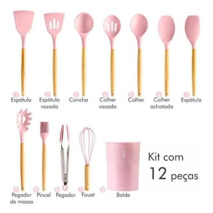 Imagem de Kit 12 Utensílios de Cozinha Silicone Cabo de Madeira Varias Cores 026