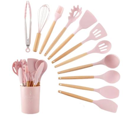 Imagem de Kit 12 Utensílios de Cozinha Silicone Cabo de Madeira Varias Cores 026