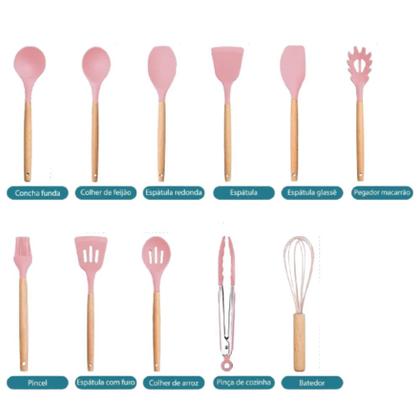 Imagem de Kit 12 Utensílios de Cozinha Silicone Cabo de Madeira Varias Cores 026