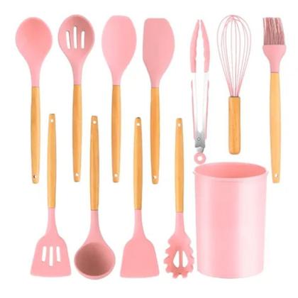 Imagem de Kit 12 Utensílios de Cozinha Silicone Cabo de Madeira Varias Cores 026