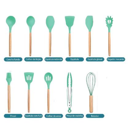 Imagem de Kit 12 Utensílios de Cozinha Silicone Cabo de Madeira Varias Cores 026