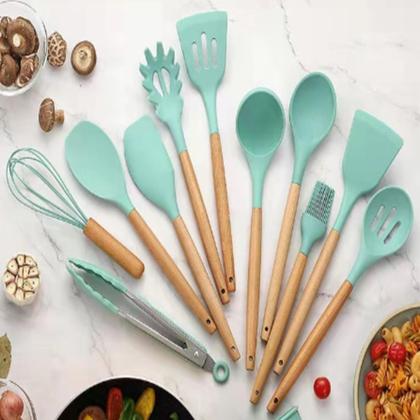 Imagem de Kit 12 Utensílios de Cozinha Silicone Cabo de Madeira Varias Cores 026