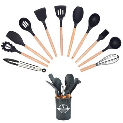 Imagem de Kit 12 Utensílios de Cozinha Silicone com Cabo de Madeira Varias Cores Jogo Colher Espátula Concha