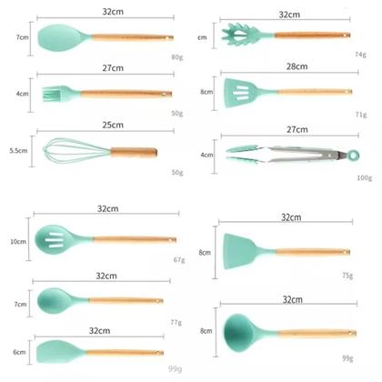 Imagem de Kit 12 Utensílios de Cozinha Silicone com Cabo de Madeira Varias Cores Jogo Colher Espátula Concha