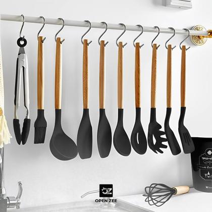 Imagem de Kit 12 Utensílios de Cozinha Silicone Conjunto Cabo de Madeira Copo Suporte