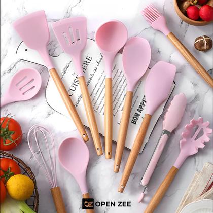 Imagem de Kit 12 Utensílios de Cozinha Silicone Conjunto Cabo de Madeira Copo Suporte