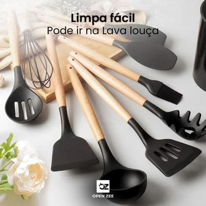 Imagem de Kit 12 Utensílios de Cozinha Silicone Conjunto Cabo de Madeira Copo Suporte