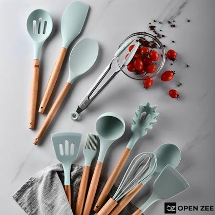 Imagem de Kit 12 Utensílios de Cozinha Silicone Conjunto Cabo de Madeira Copo Suporte