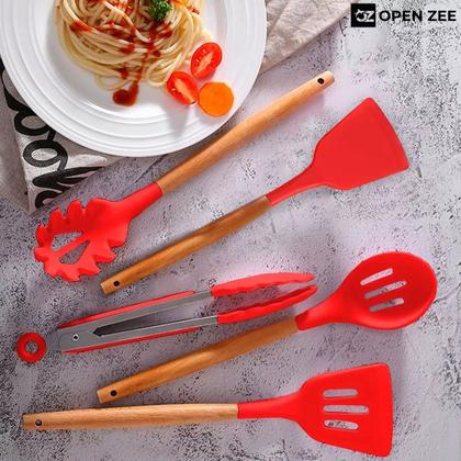 Imagem de Kit 12 Utensílios de Cozinha Silicone Conjunto Cabo de Madeira Copo Suporte